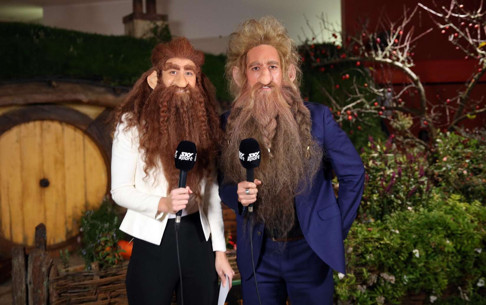 GAME ON: Netball commentators Courtney Tairi and Jordan Vandermade get into the spirit of things dressed as dwarves at the inaugural Hobbiton Movie Set Cup Photo Michael Bradley Photography