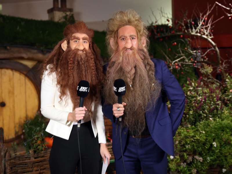 GAME ON: Netball commentators Courtney Tairi and Jordan Vandermade get into the spirit of things dressed as dwarves at the inaugural Hobbiton Movie Set Cup Photo Michael Bradley Photography