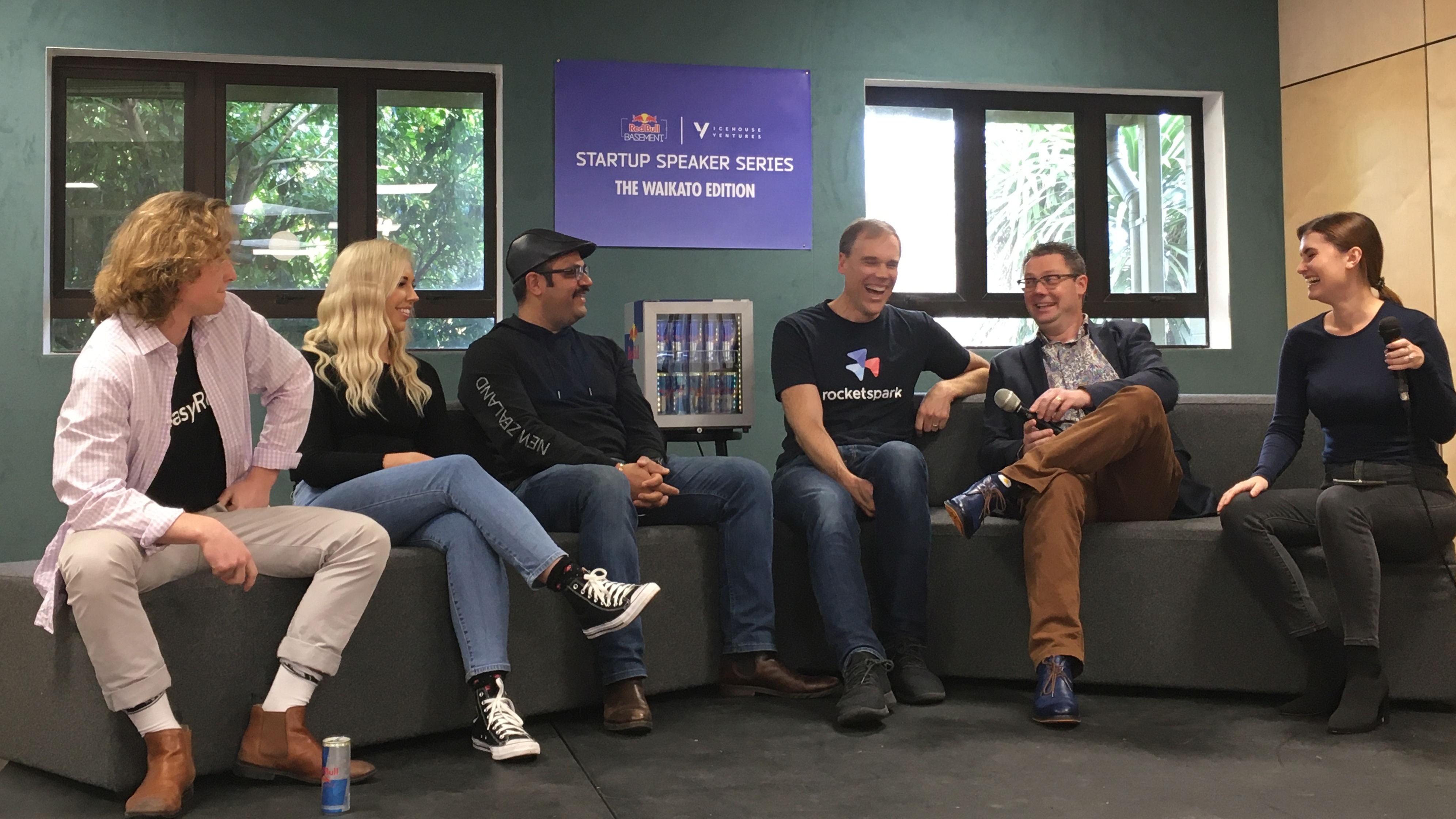 TECH TALK: The Red Bull Basement Startup Speaker Series panel enjoy a joke at the University of Waikato event.